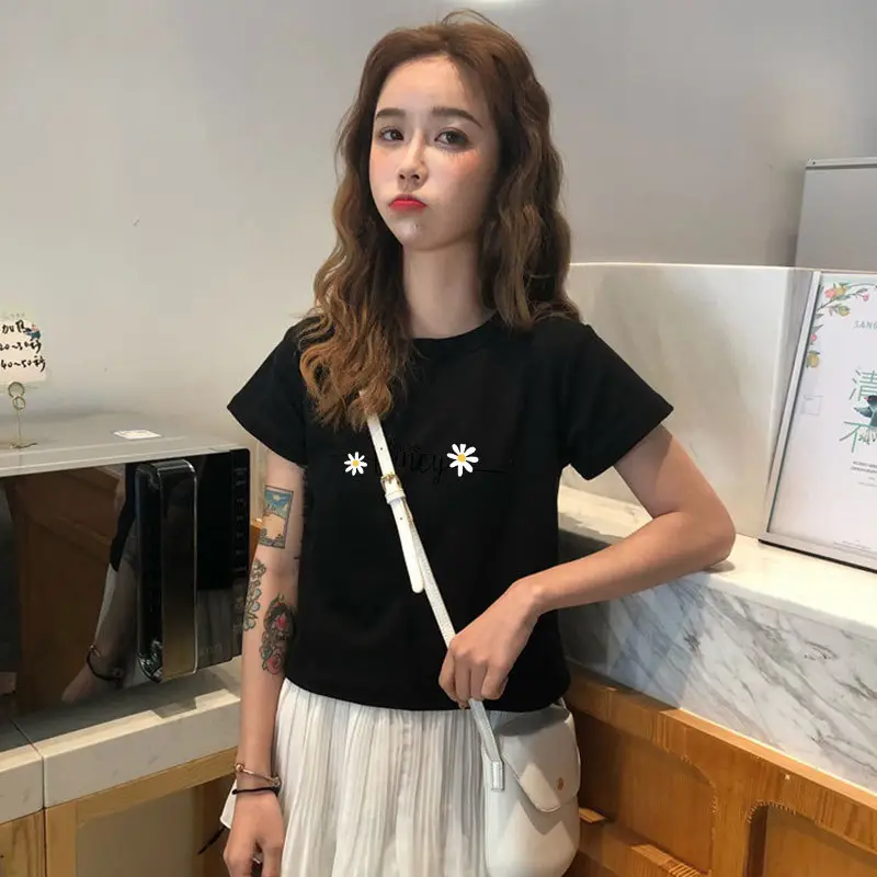 Women Black Graphic Short Sleeve T-Shirt 2025 Summer