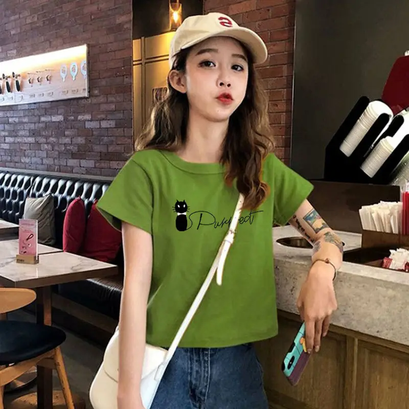 Women Black Graphic Short Sleeve T-Shirt 2025 Summer