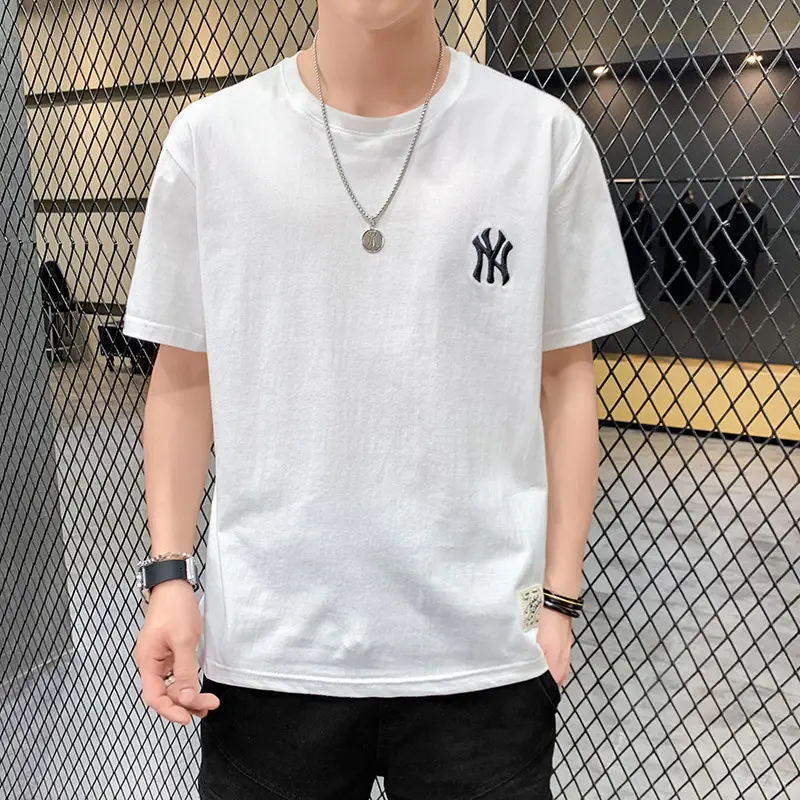 Men Grey Embroidered Cotton T-Shirt Short Sleeve Summer - Image 6