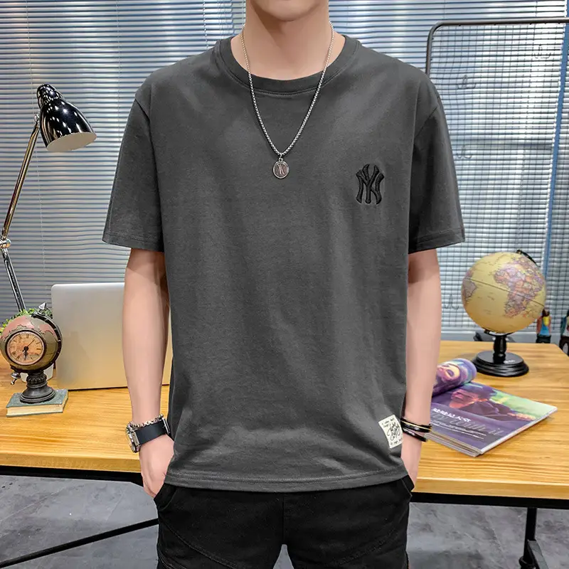 Men Grey Embroidered Cotton T-Shirt Short Sleeve Summer - Image 7