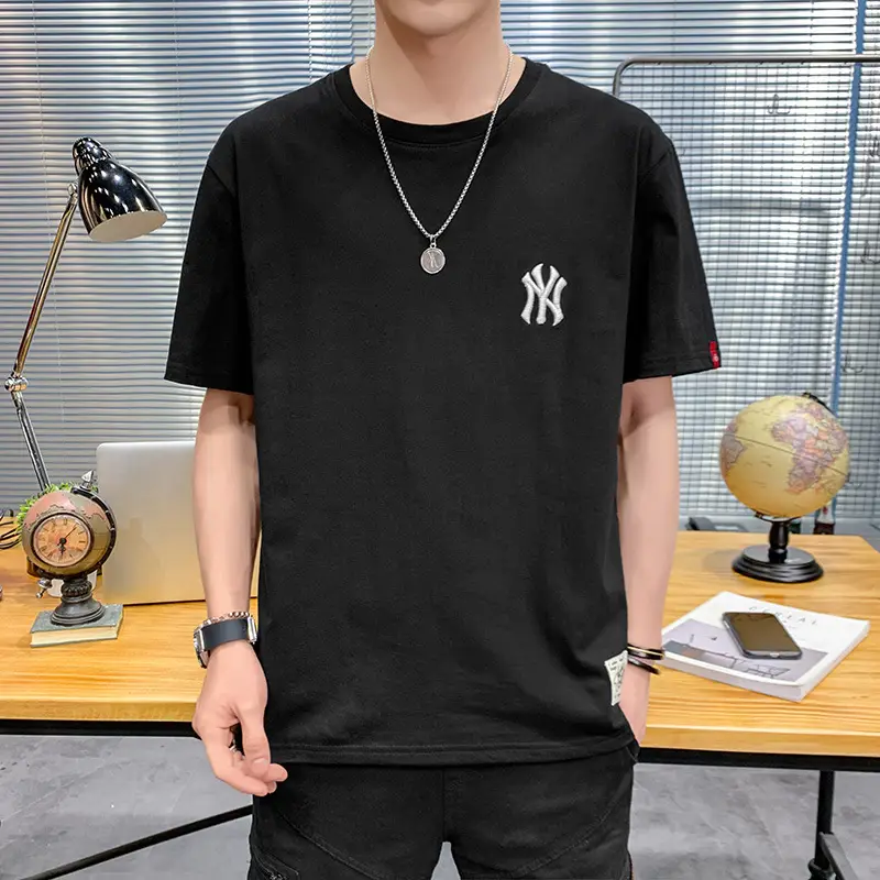 Men Grey Embroidered Cotton T-Shirt Short Sleeve Summer - Image 8