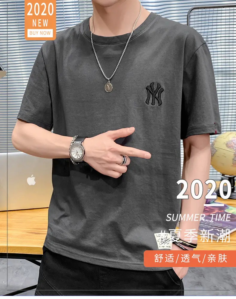 Men Grey Embroidered Cotton T-Shirt Short Sleeve Summer — feature 1