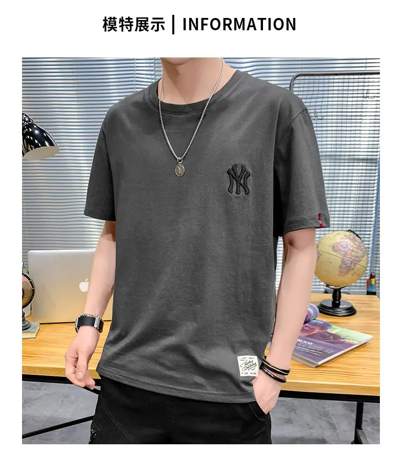 Men Grey Embroidered Cotton T-Shirt Short Sleeve Summer — feature 12