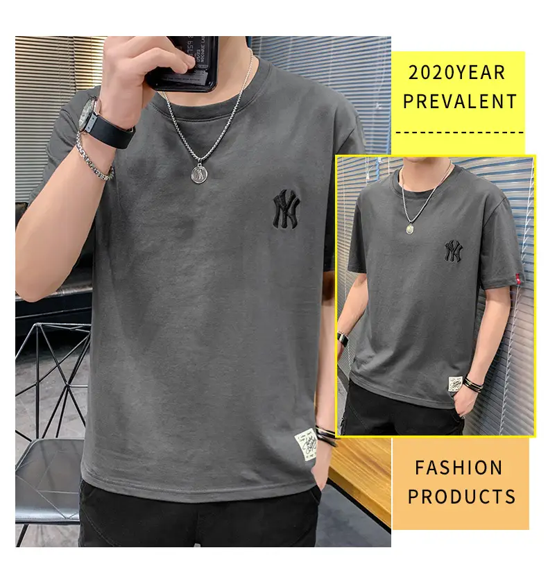 Men Grey Embroidered Cotton T-Shirt Short Sleeve Summer — feature 13