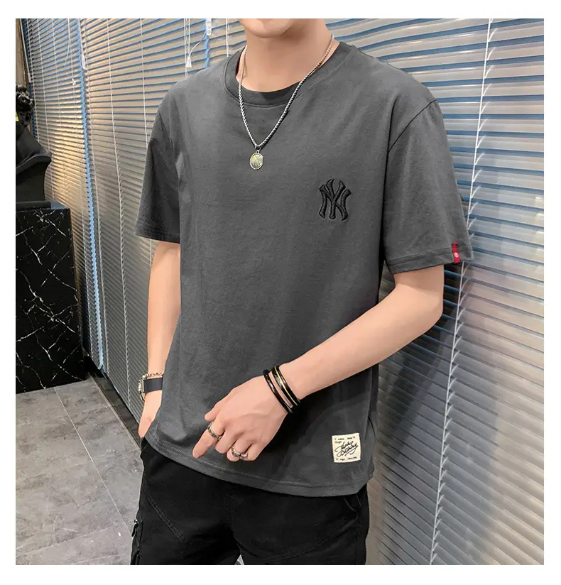 Men Grey Embroidered Cotton T-Shirt Short Sleeve Summer — feature 14