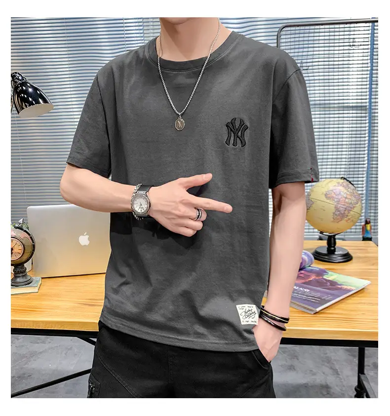 Men Grey Embroidered Cotton T-Shirt Short Sleeve Summer — feature 15