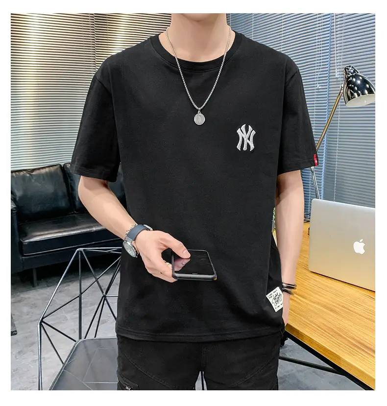 Men Grey Embroidered Cotton T-Shirt Short Sleeve Summer — feature 18