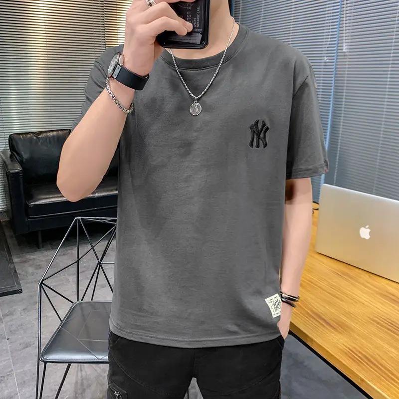 Men Grey Embroidered Cotton T-Shirt Short Sleeve Summer - Image 2