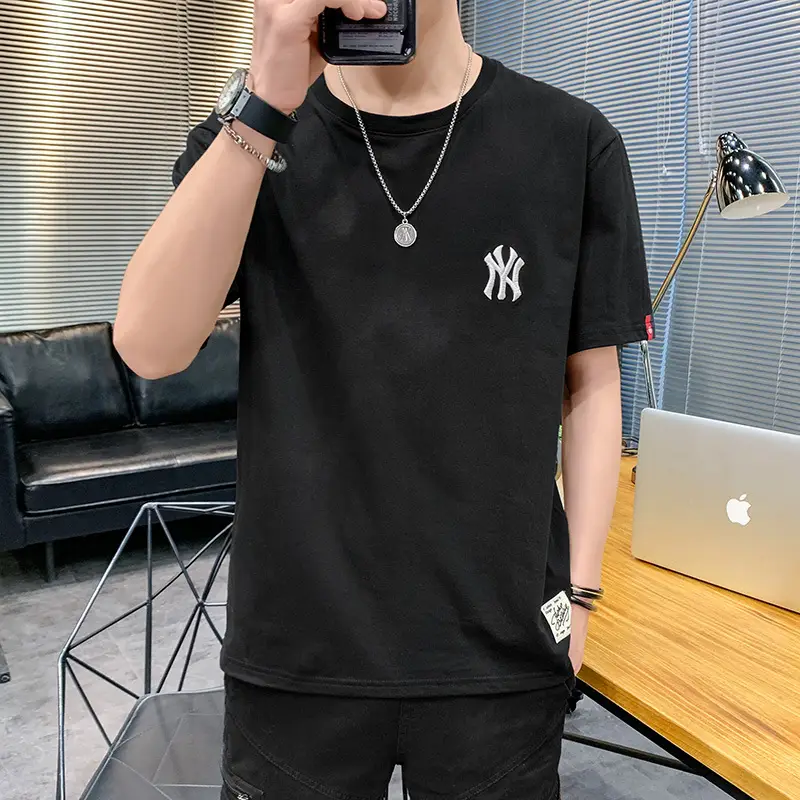 Men Grey Embroidered Cotton T-Shirt Short Sleeve Summer - Image 3