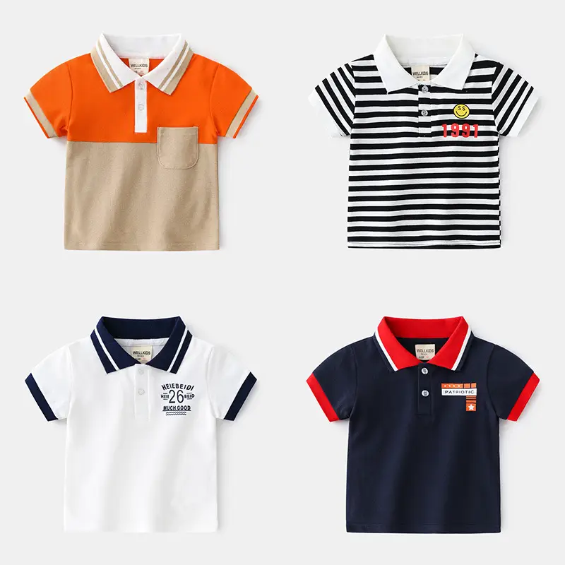 Kids Cotton Pull-Up Polo Shirt Navy Red Orange Beige