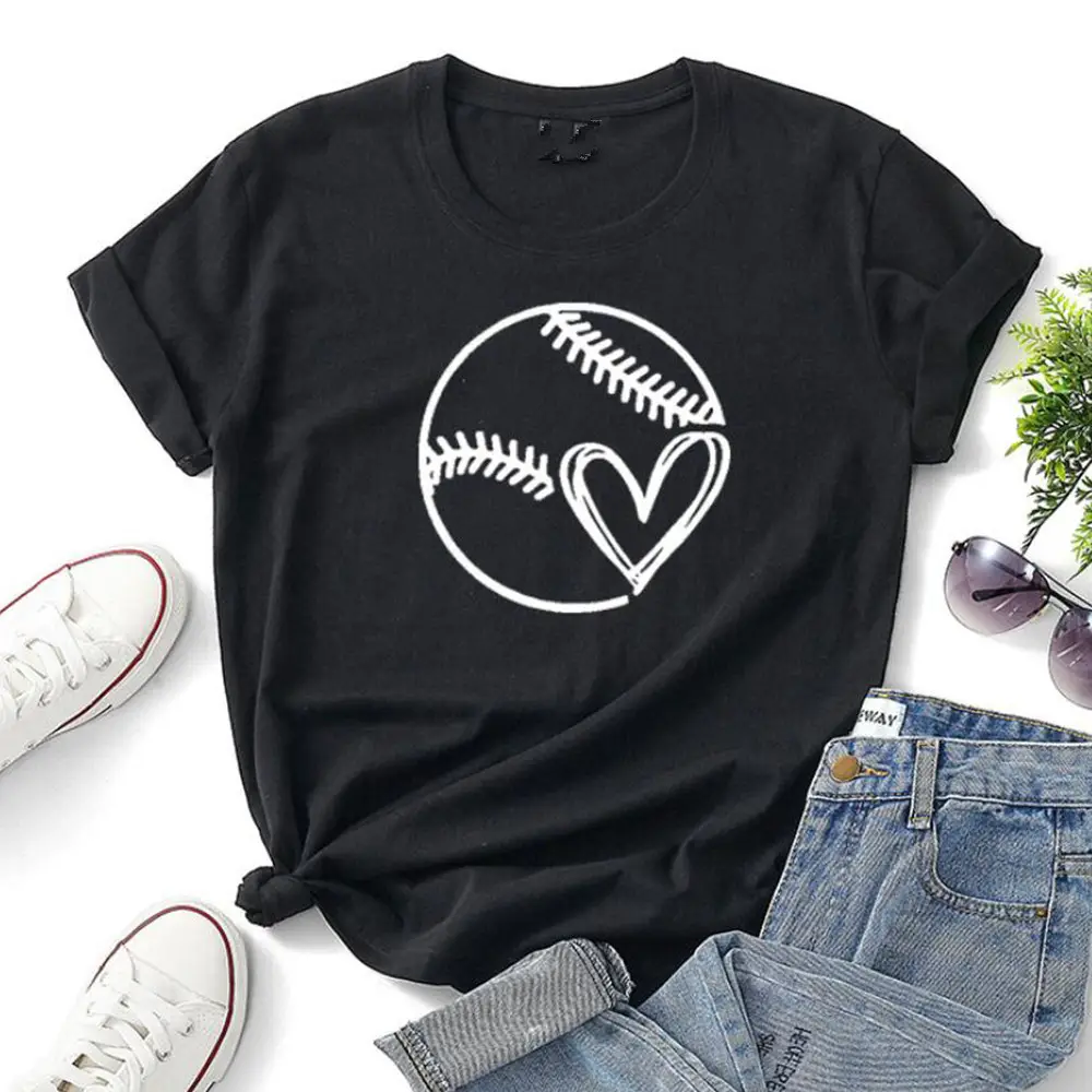 Girls Black Baseball Heart T-Shirt Cotton - Image 2
