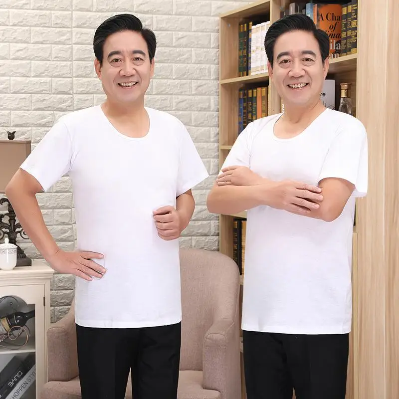 Men's Thin White Round Neck T-Shirt Summer Loose Vest