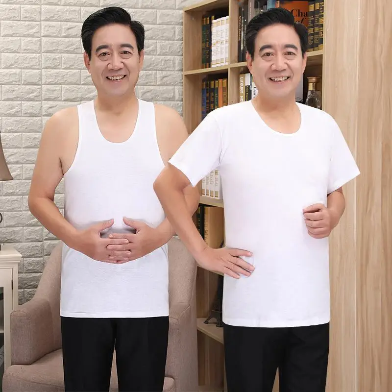 Men's Thin White Round Neck T-Shirt Summer Loose Vest