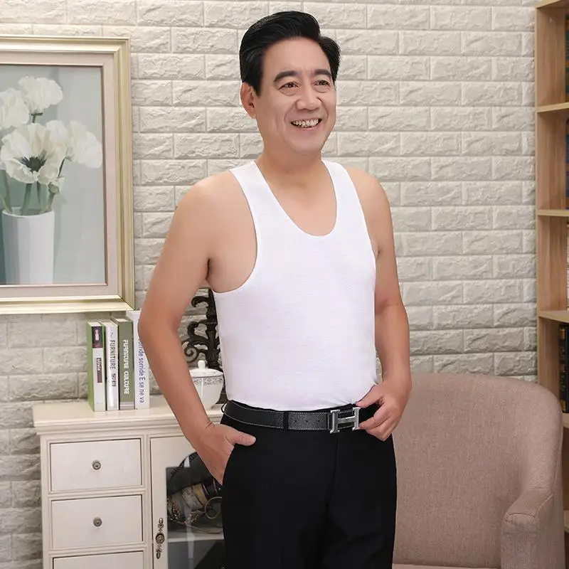 Men's Thin White Round Neck T-Shirt Summer Loose Vest