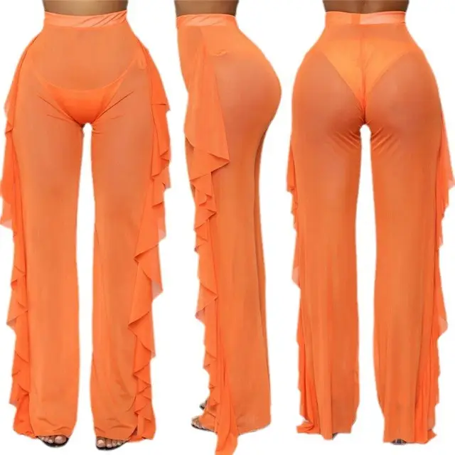 2024 Cross-Border Ruffled See-Trouser Set White