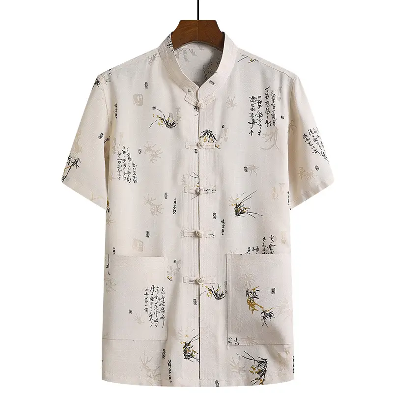 Men's Chinese Style Cotton Linen Suit Cream - Image 8
