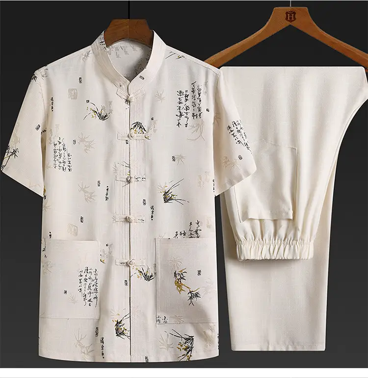 Men's Chinese Style Cotton Linen Suit Cream — feature 12