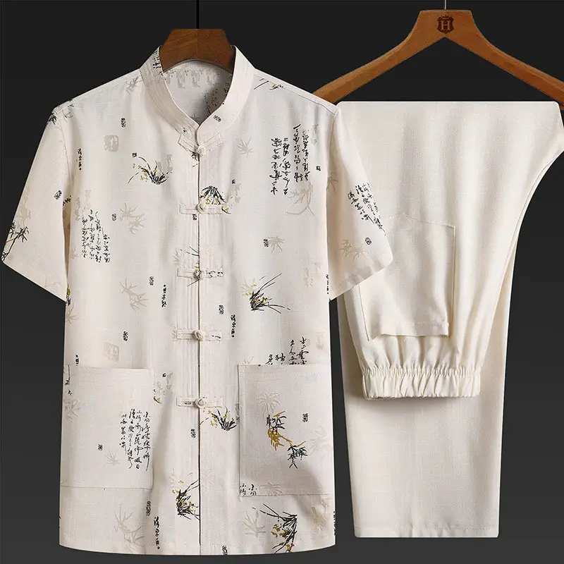 Men's Chinese Style Cotton Linen Suit Cream - Image 3
