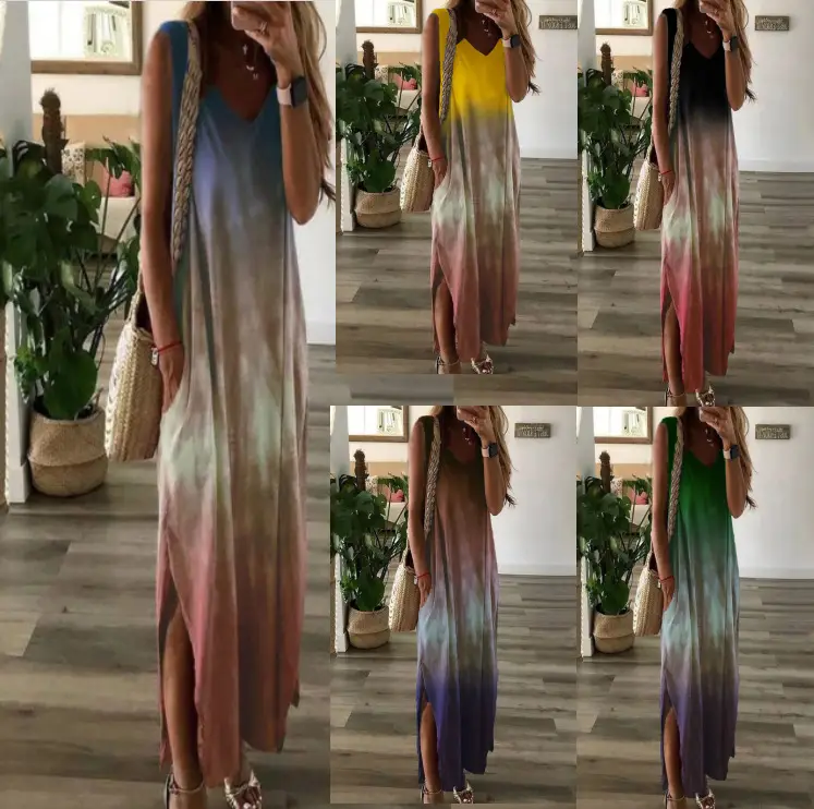2023 V Neck Gradient Tie-Dye Sleeveless Long Dress - Image 6