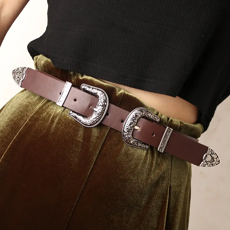 Vintage Carved Alloy Belt with Double Buckle for Women - Image 5