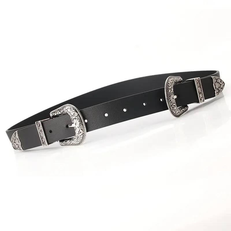 Vintage Carved Alloy Belt with Double Buckle for Women