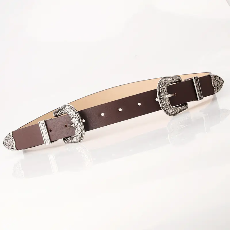Vintage Carved Alloy Belt with Double Buckle for Women - Image 2