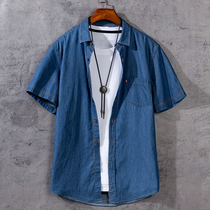 Men Blue Denim Short Sleeve Shirt Slim Fit Washable