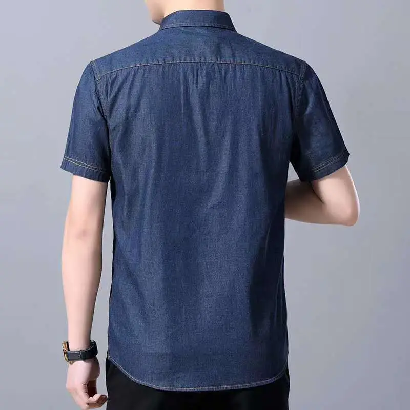 Men Blue Denim Short Sleeve Shirt Slim Fit Washable