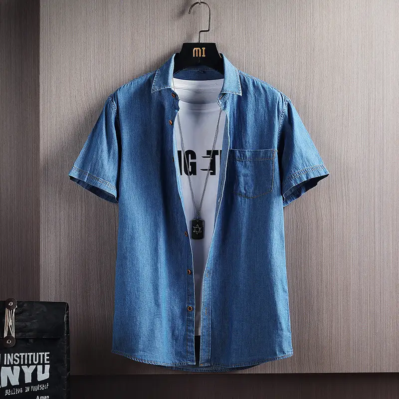 Men Blue Denim Short Sleeve Shirt Slim Fit Washable