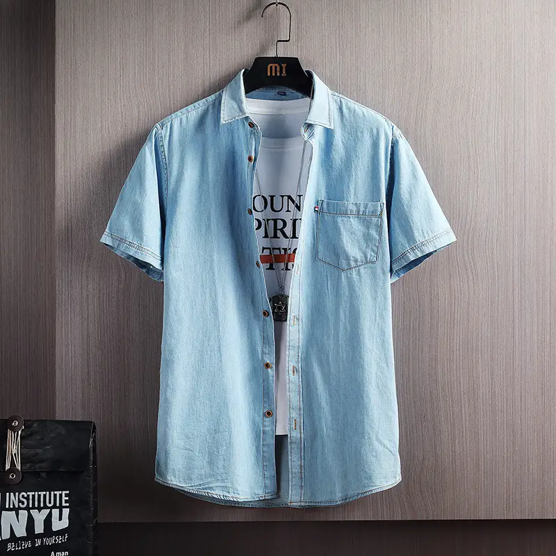 Men Blue Denim Short Sleeve Shirt Slim Fit Washable