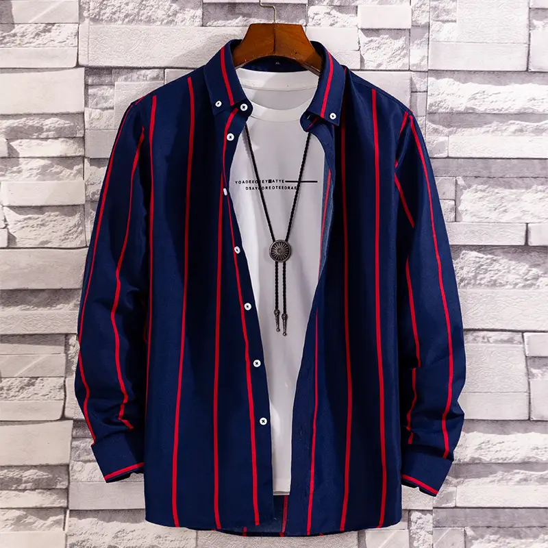 Men Navy Red Striped Long Sleeve Shirt - Image 2