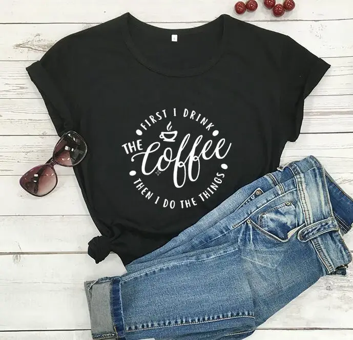 Women Grey Coffee Print T-Shirt Short Sleeve - Image 2