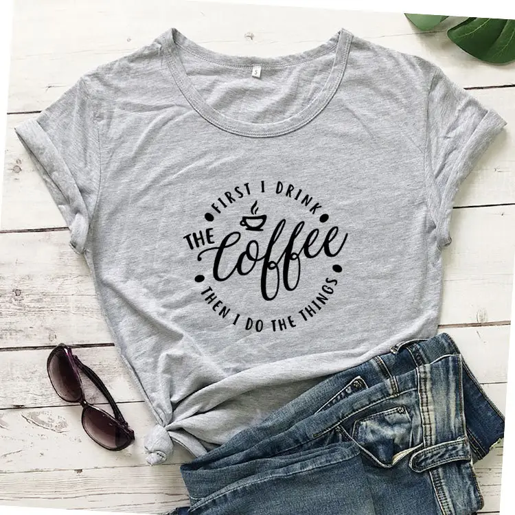 Women Grey Coffee Print T-Shirt Short Sleeve - Image 3