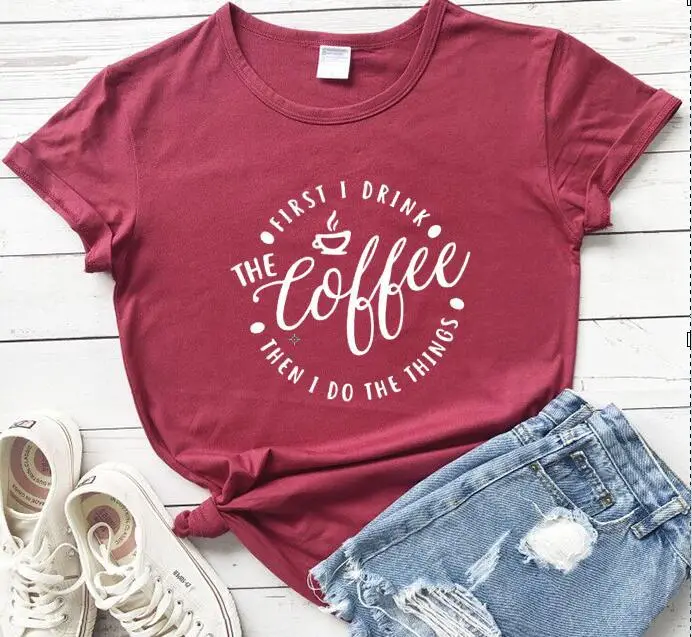 Women Grey Coffee Print T-Shirt Short Sleeve - Image 9