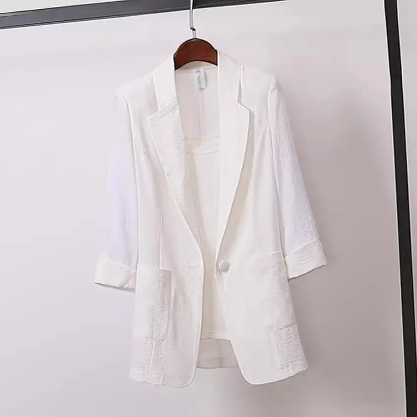2023 Black Cotton Linen Midi Blazer Plus Size - Image 5