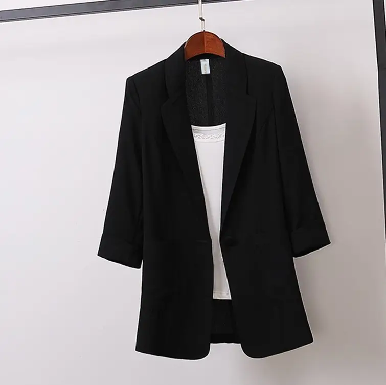 2023 Black Cotton Linen Midi Blazer Plus Size - Image 3