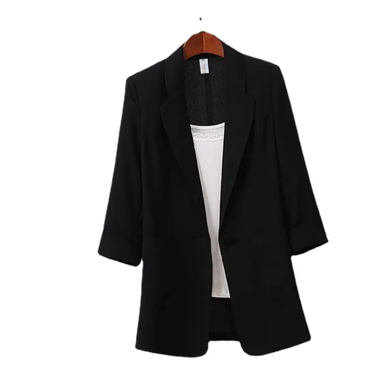 2023 Black Cotton Linen Midi Blazer Plus Size - Image 7