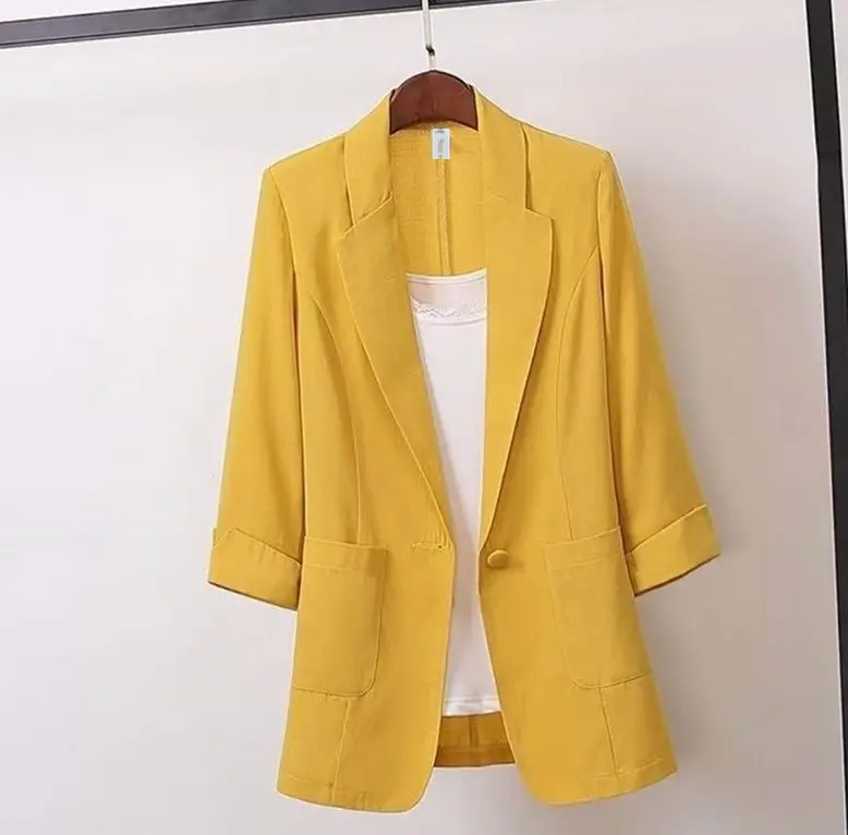 2023 Black Cotton Linen Midi Blazer Plus Size - Image 2
