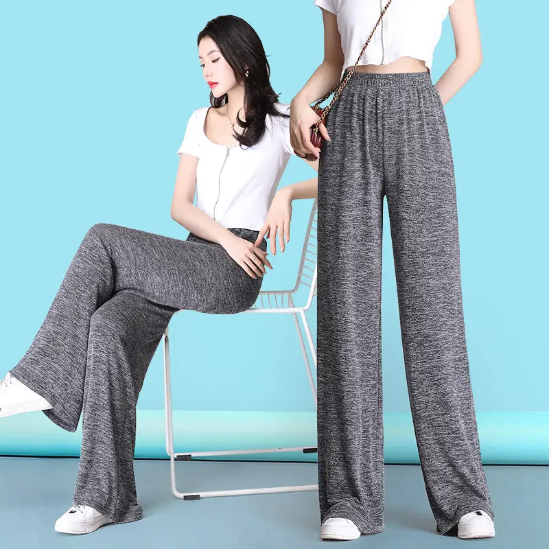 Women Black Knitted Wide Leg Pants Summer High Waist Drape Large - Image 2