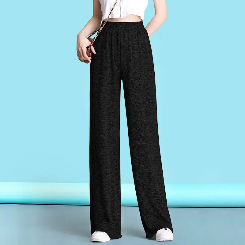 Women Black Knitted Wide Leg Pants Summer High Waist Drape Large - Image 4
