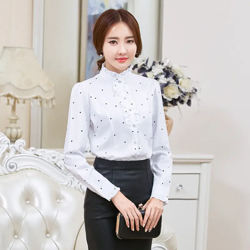 Women White Chiffon Ruffled Collar Shirt Long Sleeve Slim Fit - Image 5