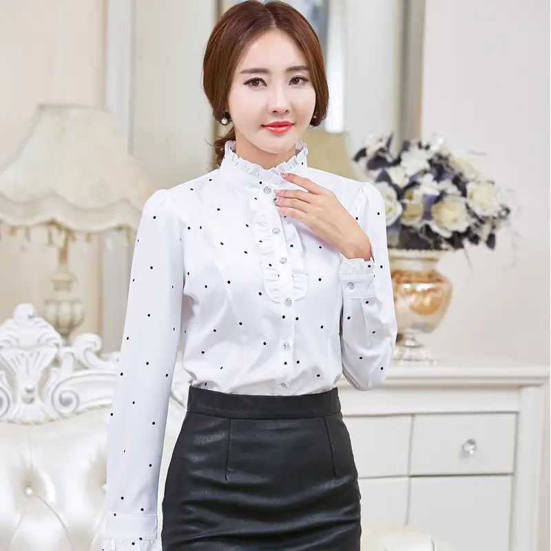 Women White Chiffon Ruffled Collar Shirt Long Sleeve Slim Fit - Image 6