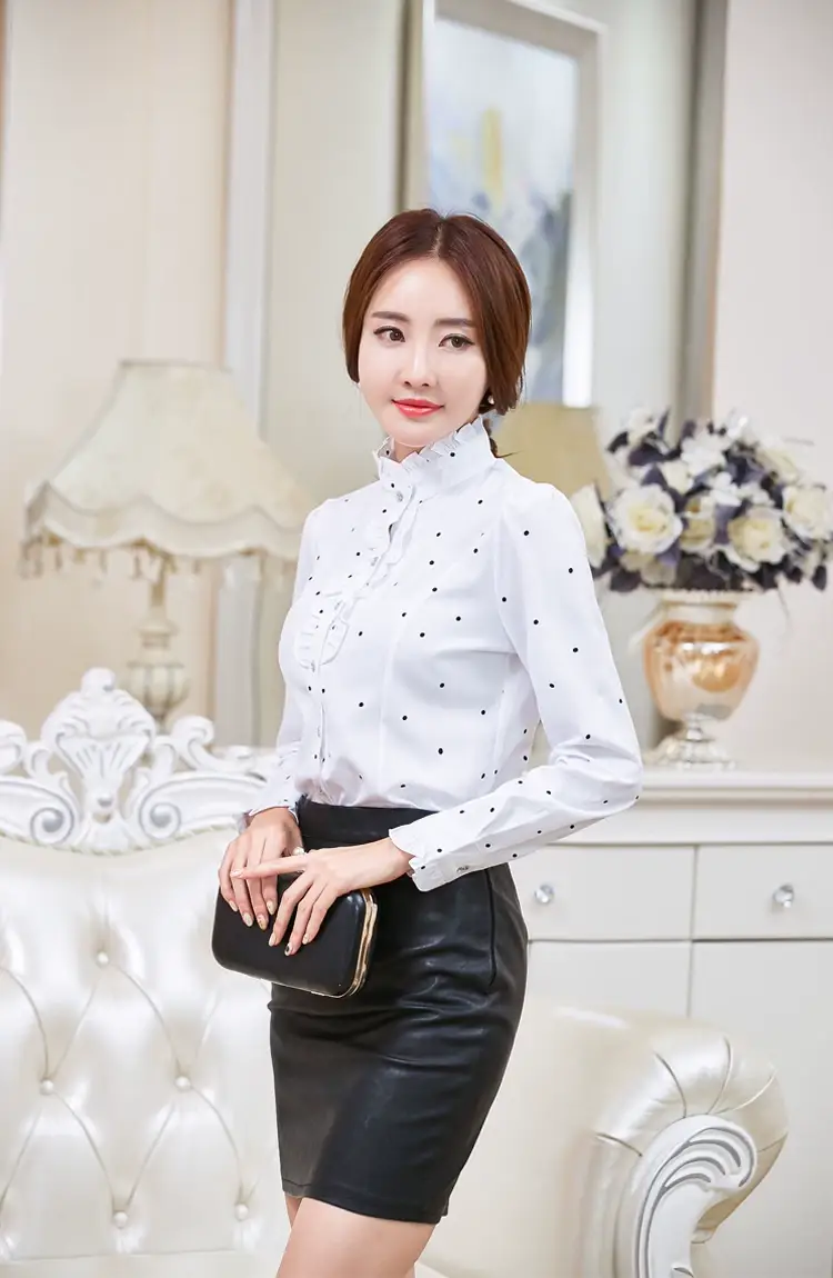 Women White Chiffon Ruffled Collar Shirt Long Sleeve Slim Fit — feature 7