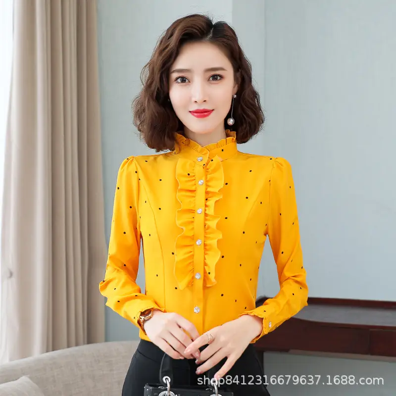 Women White Chiffon Ruffled Collar Shirt Long Sleeve Slim Fit - Image 3