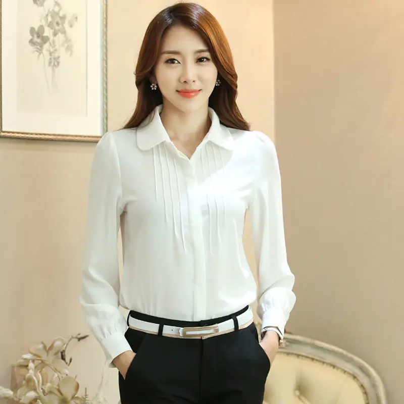 Women's Chiffon White Long Sleeve Bow Collar Shirt - Image 3
