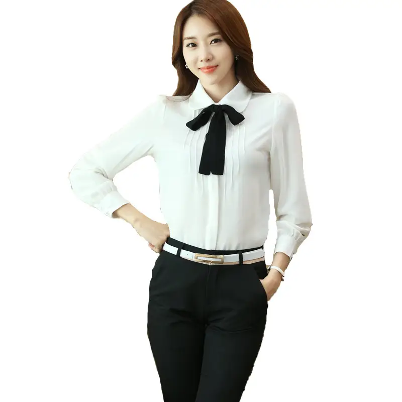 Women's Chiffon White Long Sleeve Bow Collar Shirt - Image 5