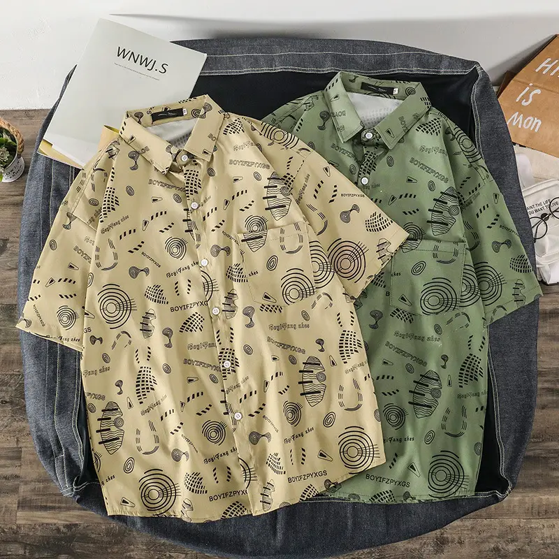 Men 2022 Graphic Print Short Sleeve Shirt Olive Green - Image 7