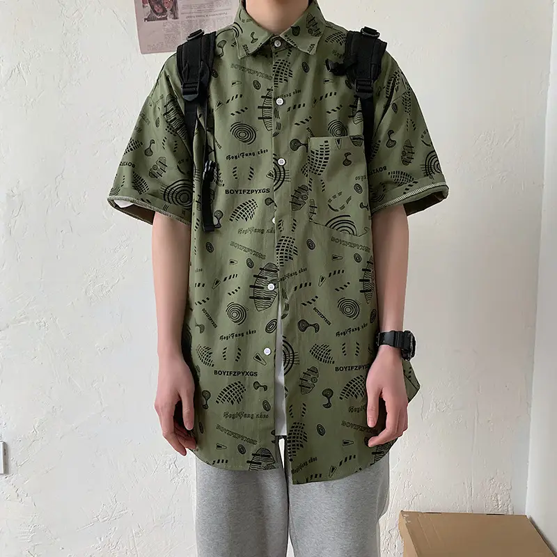 Men 2022 Graphic Print Short Sleeve Shirt Olive Green - Image 8