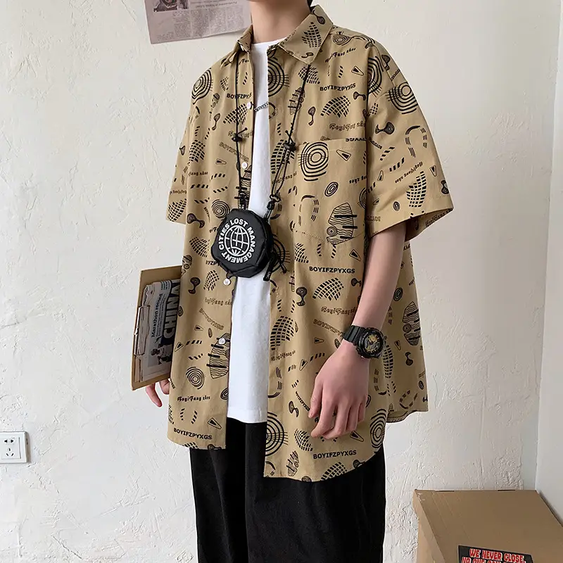 Men 2022 Graphic Print Short Sleeve Shirt Olive Green - Image 9