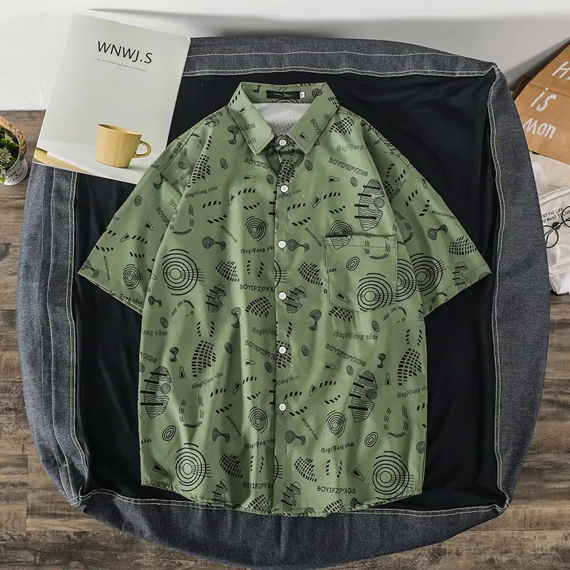 Men 2022 Graphic Print Short Sleeve Shirt Olive Green - Image 2